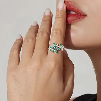 Moss Agate and marquise engagement ring