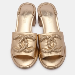 Chanel Gold Leather Woven CC Slide Sandals